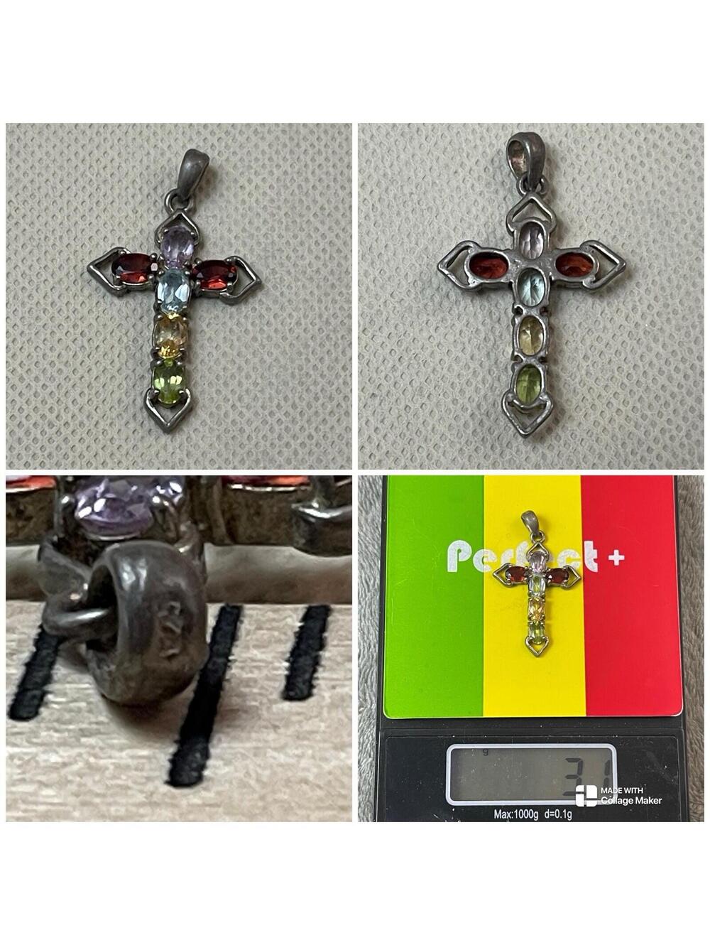 925 Sterling Silver Vintage Multi Gemstone Cross Charm Pendant